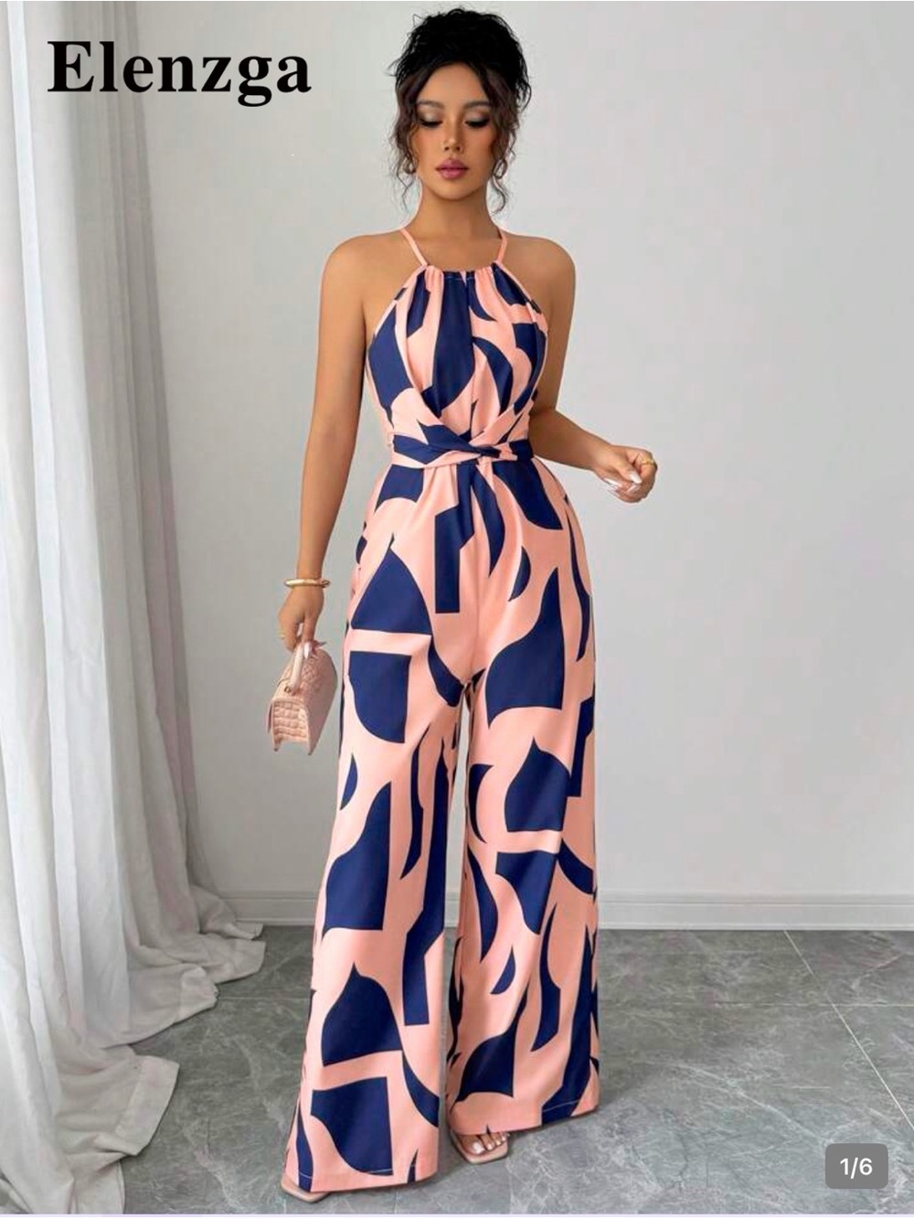 Pink & Navy Abstract Halter Jumpsuit large